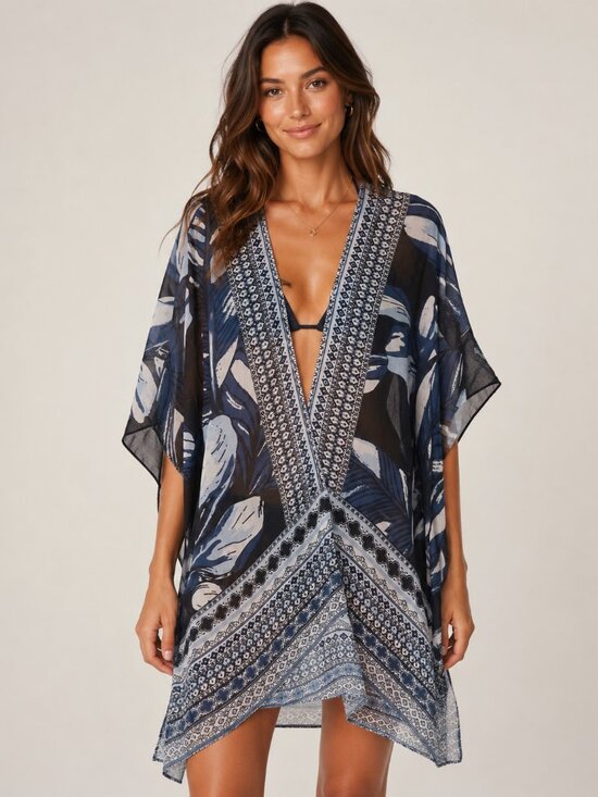 Badgley Mischka Other - Badgley Mischka Studio Blue Floral Sheer Kimono Ruana One Size Boho